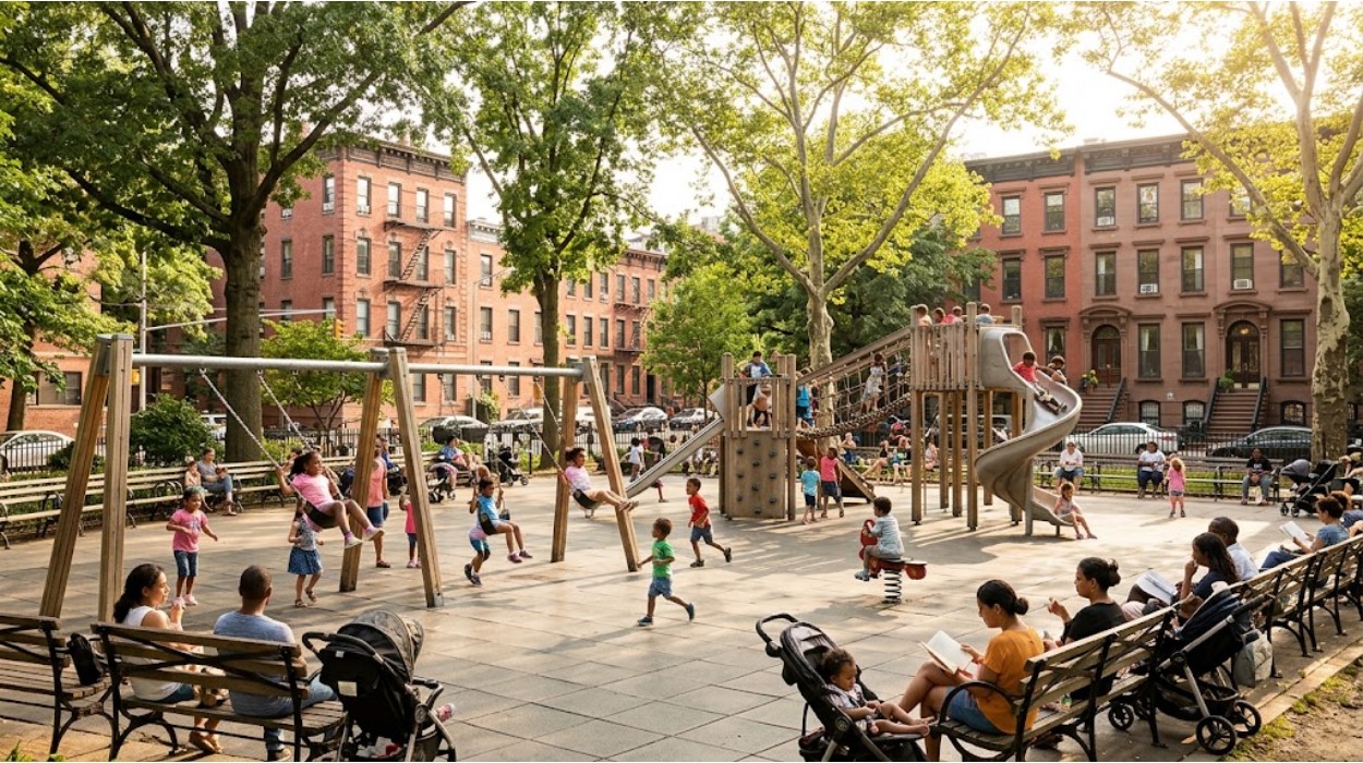 Families at a Brooklyn neighborhood playground — children on swings with brownstone buildings in the background