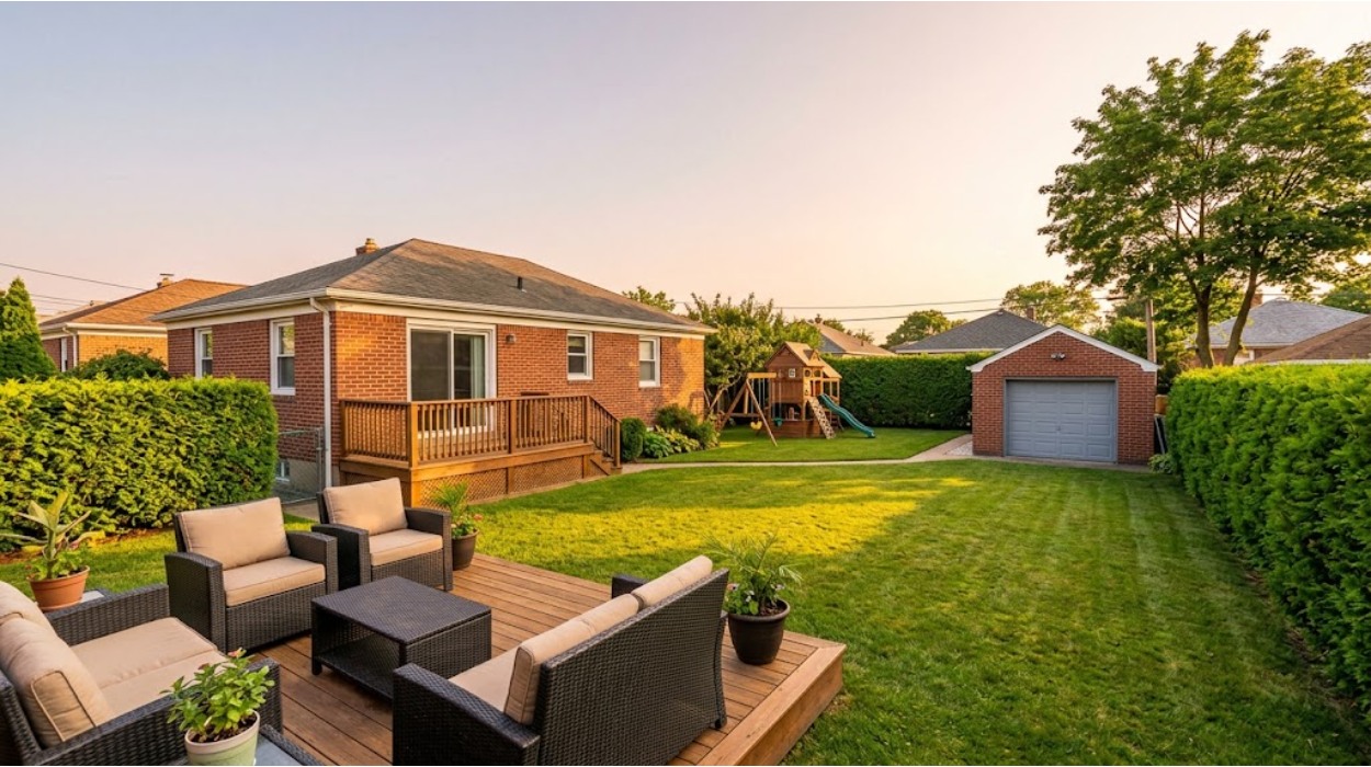 Large backyard of a single-family Marine Park home with a lawn, deck, and children's playset
