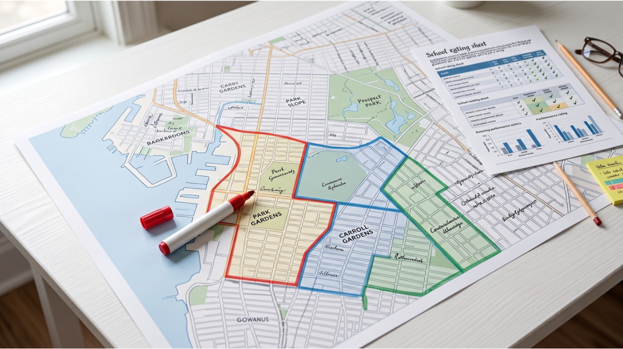 Printed Brooklyn school zone map with colored attendance zones marked, beside a school rating sheet