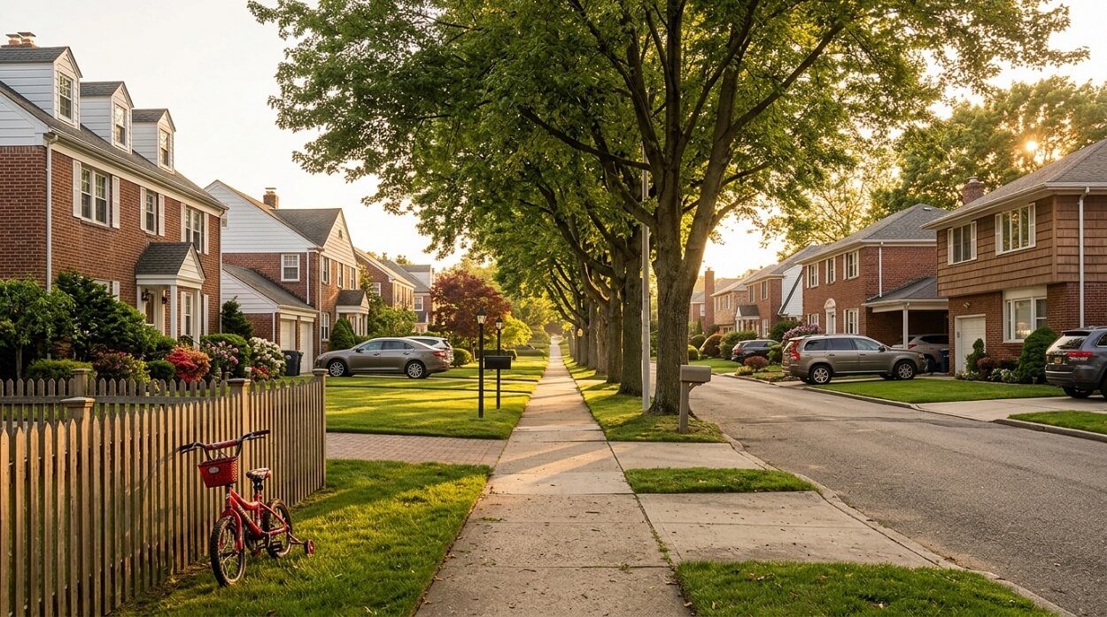 Tree-lined Bayside Queens residential block with large colonial and split-level brick homes, a child's bicycle leaning against a fence
