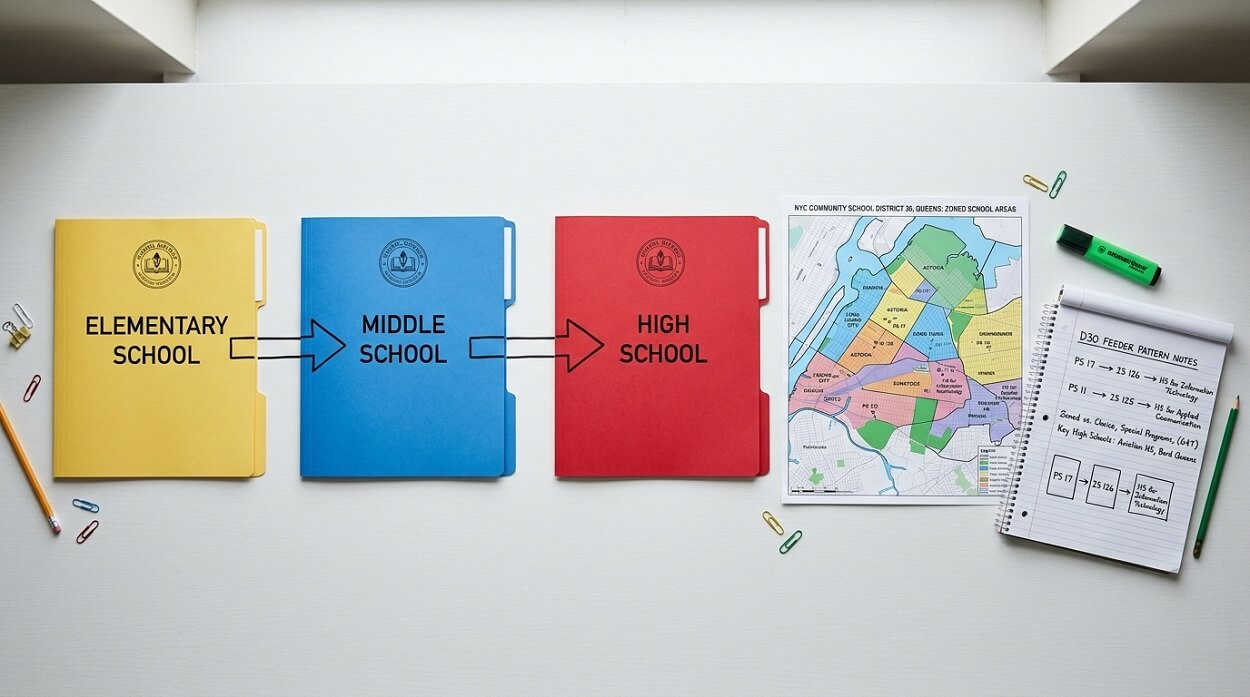 Overhead flat-lay of elementary, middle, and high school district folders arranged in a pipeline flow with school zone map and feeder pattern notes