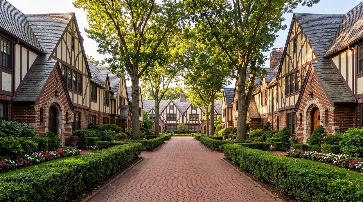 Picturesque block in Forest Hills Gardens Queens with distinctive Tudor-style co-op buildings, steep pointed rooflines, and brick-paved pedestrian lanes shaded by mature oaks