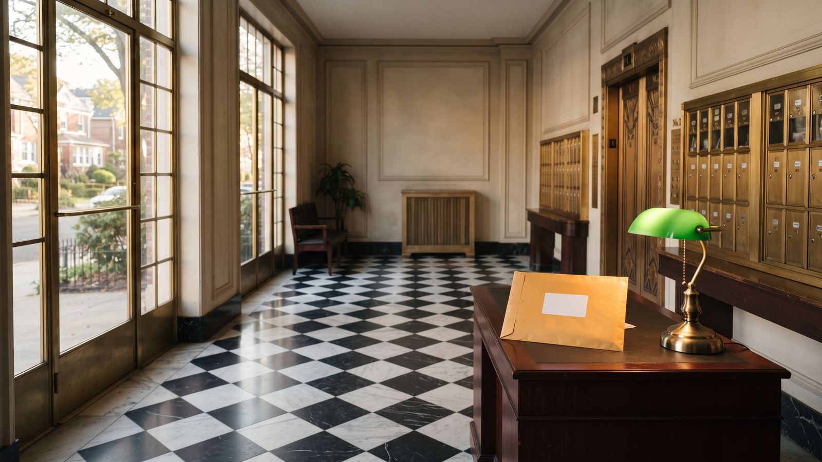 Prewar apartment lobby with a black-and-white checkered floor, brass mailboxes and a green desk lamp